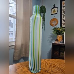 Hand Blown Cased Glass White Lime Aqua Striped Vertical Tall Vase Bottle 16"